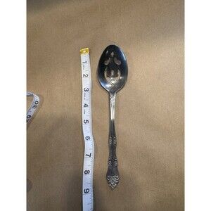Stainless Steel Slotted Serving Spoon - Silver Floral Handle, Glossy, 8 in